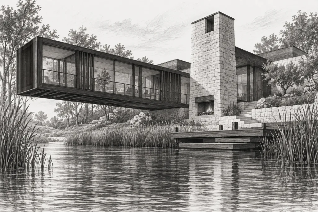River residence with a cantilevered timber gallery, reed channel, stone hearth tower and stepped dock.