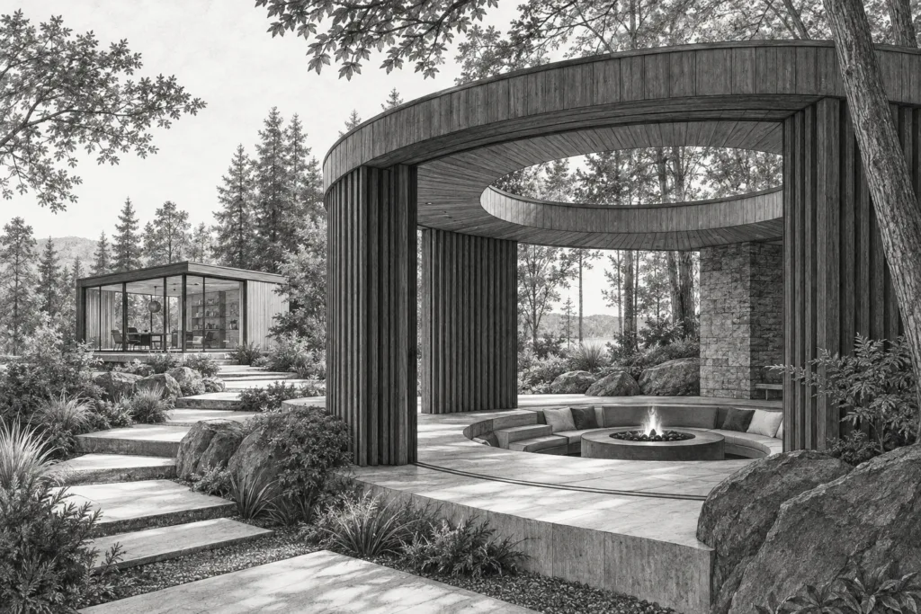 Luxury Real Estate Recruitment Strategy: Precision Hiring That Scales 1 Forest-edge residence with a circular timber ring and sunken hearth.