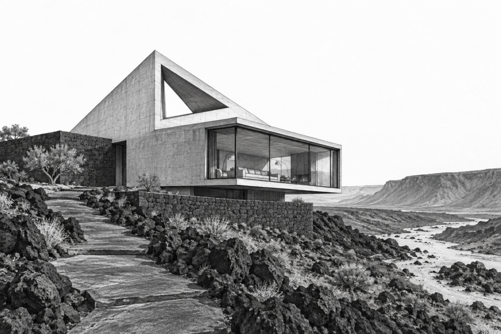 Luxury Real Estate Deal Profit Strategies: Unconventional Structuring 1 Plateau residence with a triangular roof aperture and a single pivot volume.