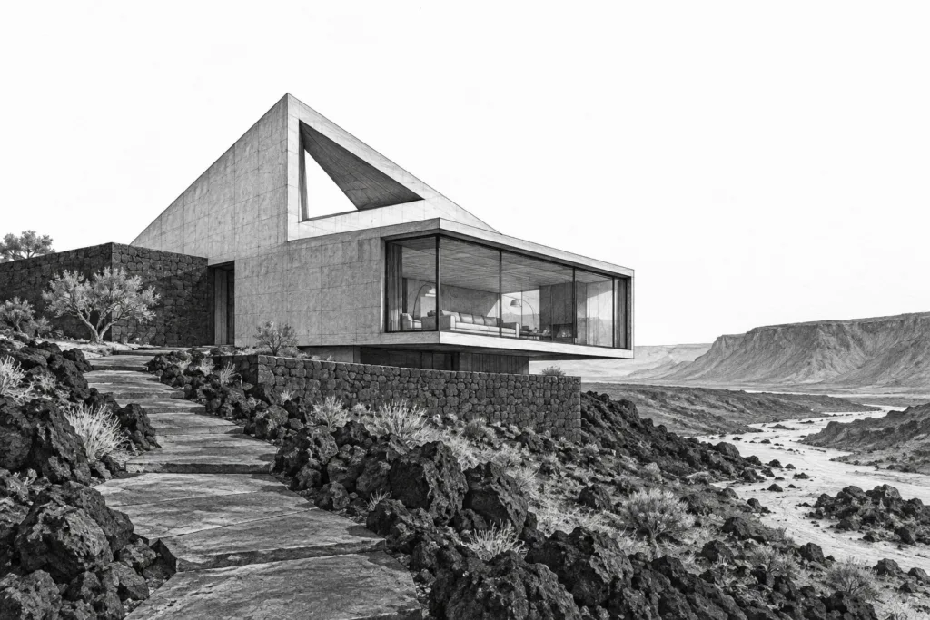 Plateau residence with a triangular roof aperture and a single pivot volume.