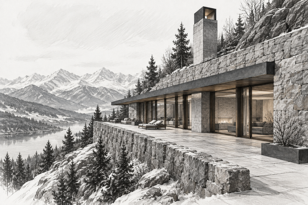 Strategic Energy Allocation For Elite Luxury Real Estate Agents 1 Residence with contour retaining wall, linear winter terrace, exposed chimney and uphill view.