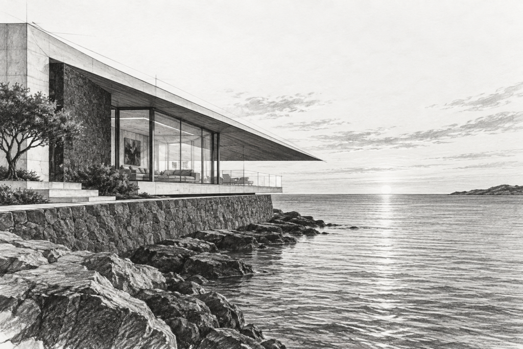 Luxury Real Estate Negotiation Strategies For Brokerage-Scale Wins 1 Waterfront cantilevered residence with a stone seawall, recessed glass living volume and sail-like roof.