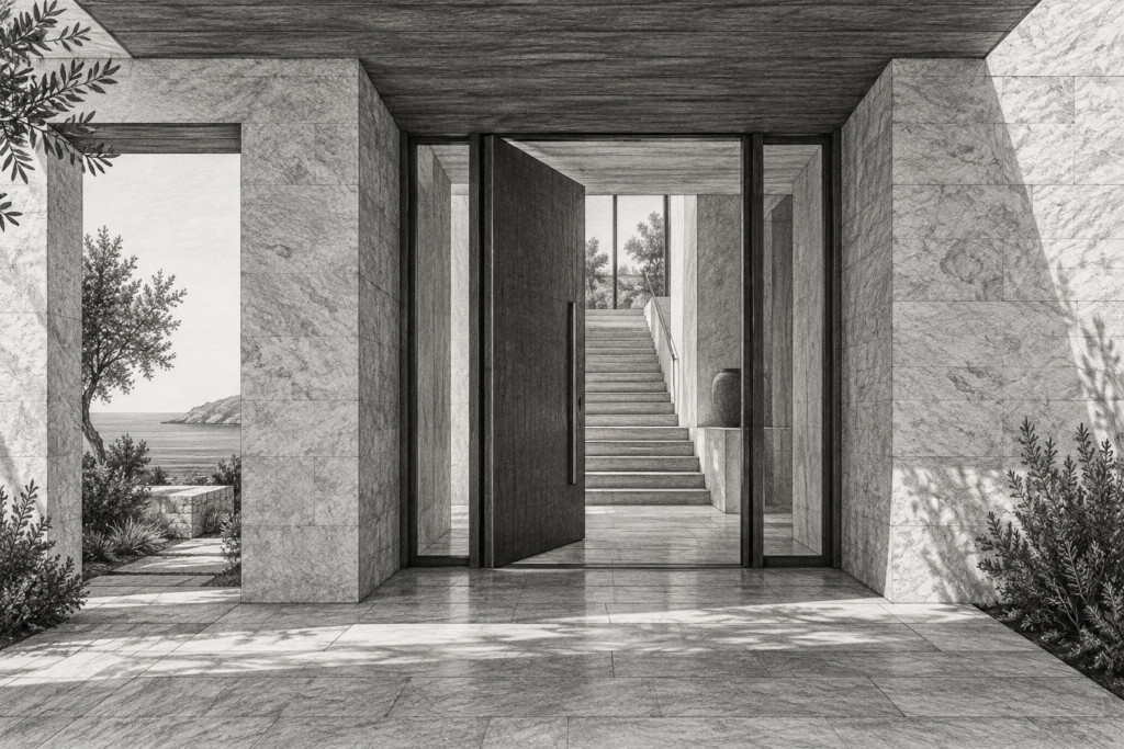 Luxury Real Estate Client Onboarding That Converts Vips Into Loyalists 1 Residence with a tall entry arcade, pivot door, and interior stair.