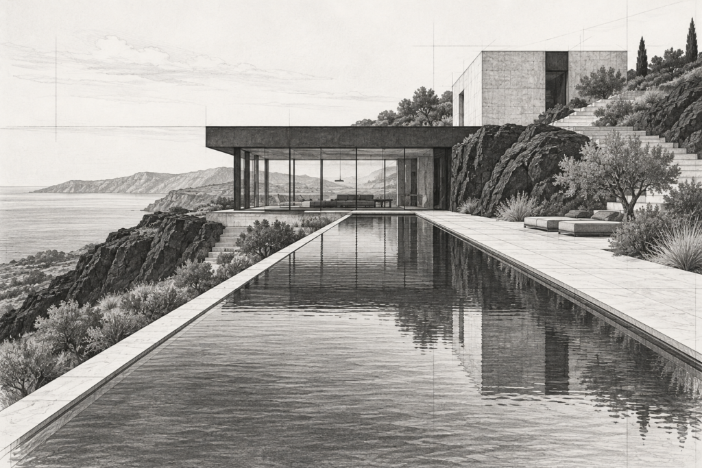 Measuring Real Estate Innovation Success: Kpis For Brokerage Leaders 1 Hillside residence with a diagonal reflecting pool, low glass observatory and stepped ridge planting.