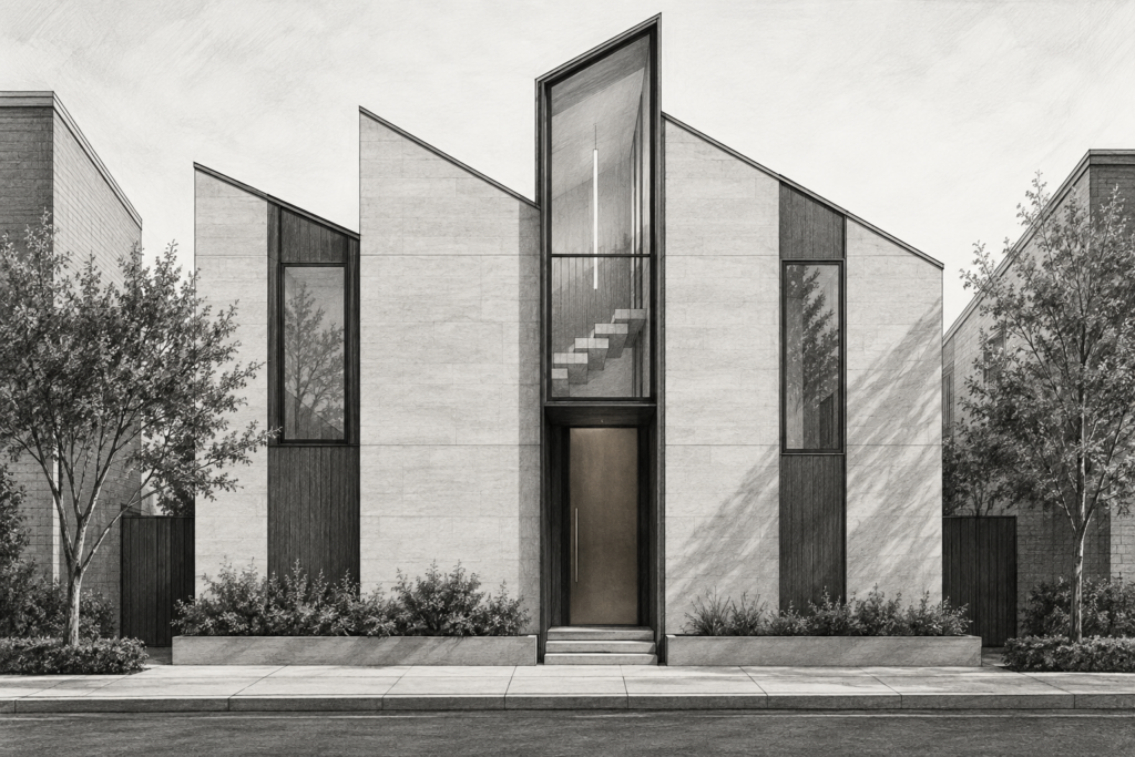 Luxury Real Estate Team Efficiency: Precision Task Architecture 1 Frontal residence with a sawtooth roof, stair lantern, and shadow slot.