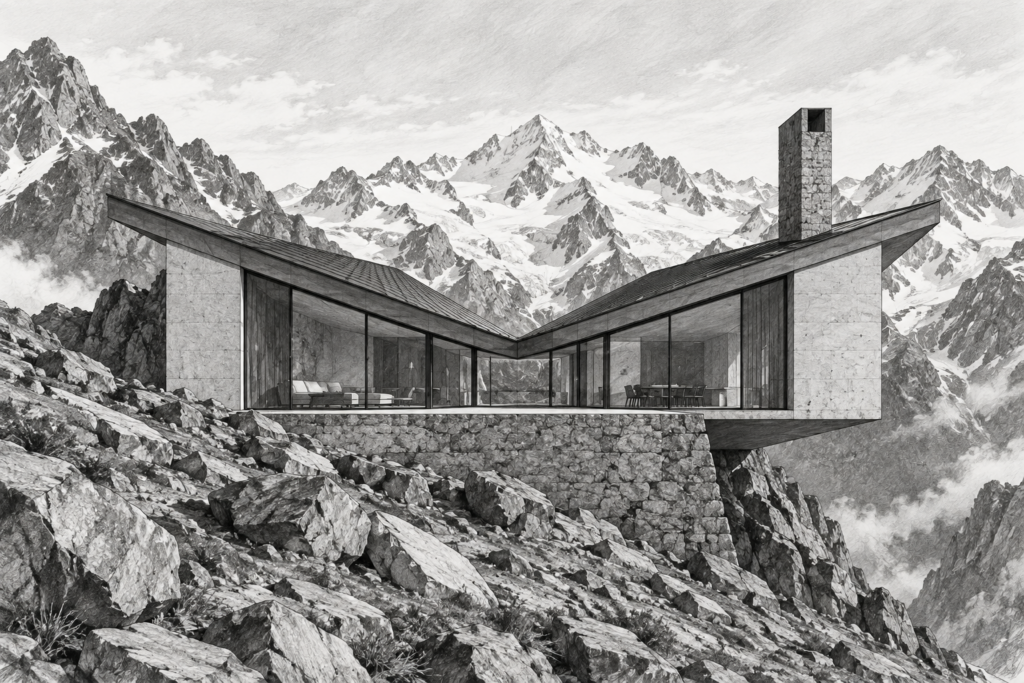 Elite Buyer Personalization For Luxury Agents: Counterintuitive Wins 1 Alpine wedge residence on a stone plinth with a V-shaped roof valley and distant snow ridge.