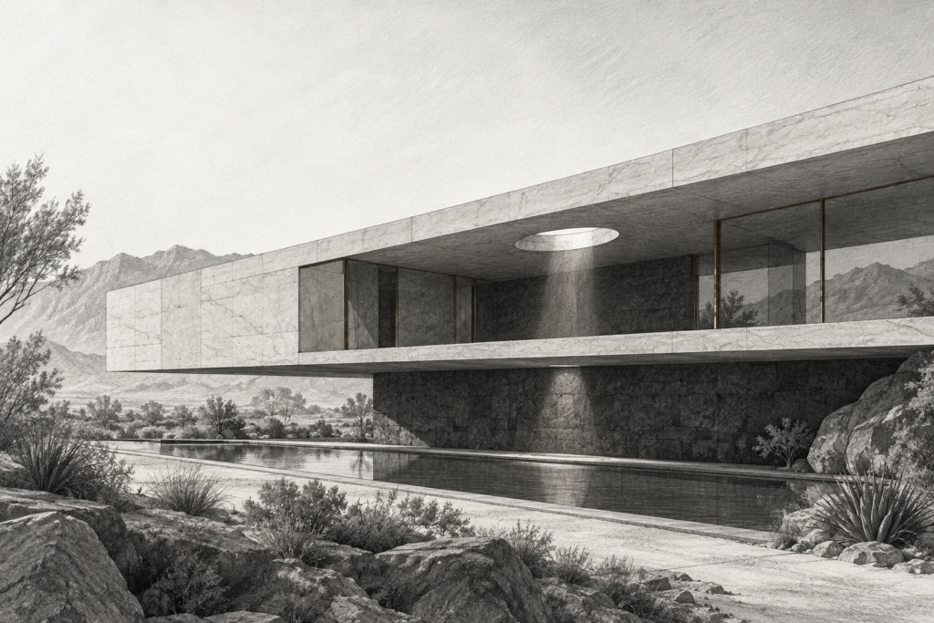 Client-Driven Operations For Luxury Real Estate Teams That Scale 1 Residence with desert cantilever house, linear water rill, round roof oculus and side elevation.