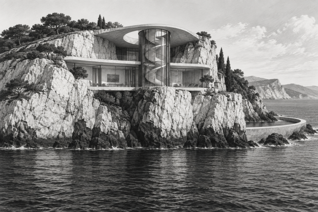 Building Trust With High-Net-Worth Clients: Unconventional Tactics 1 Headland residence with a spiral stair tower and oval roof opening.