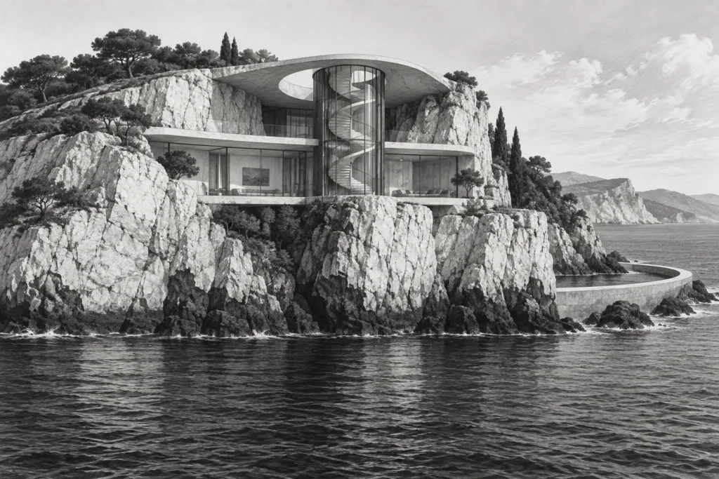 Building Trust With High-Net-Worth Clients: Unconventional Tactics 1 Headland residence with a spiral stair tower and oval roof opening.