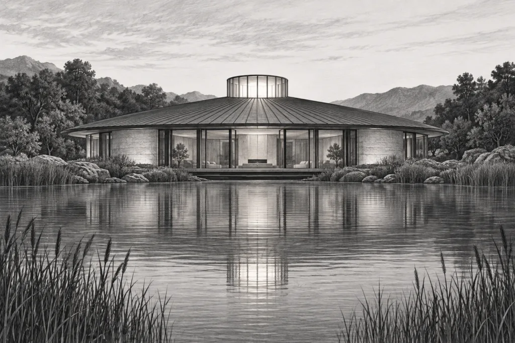 Round lake residence with a radial roof and central lantern beside the shoreline.