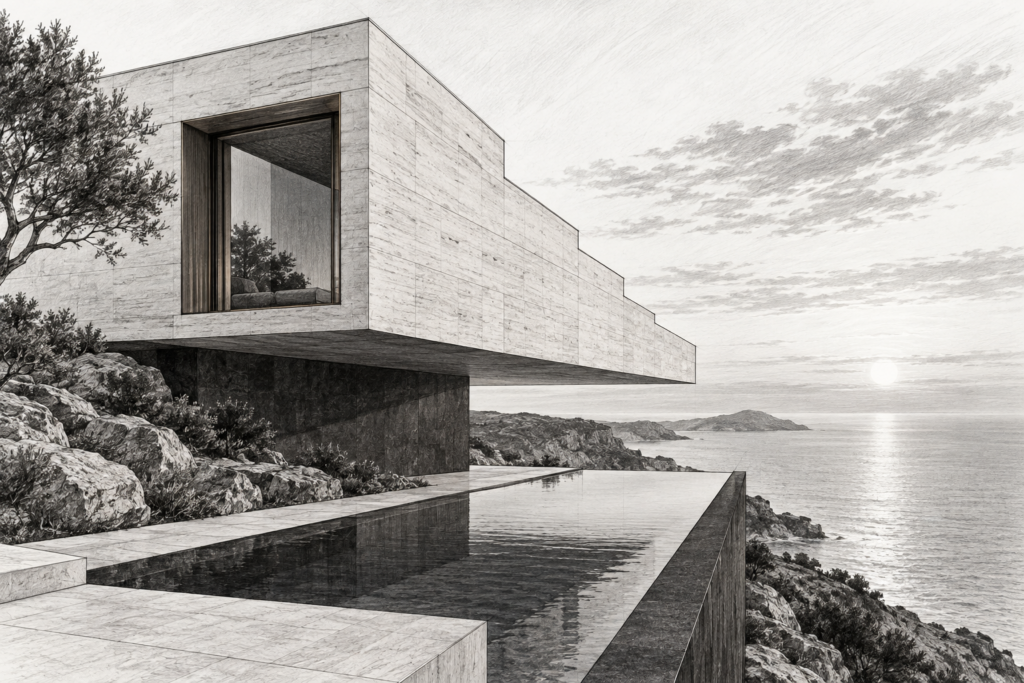 Residence with coastal cantilever house, stepped roof, reflecting pool and sea horizon.