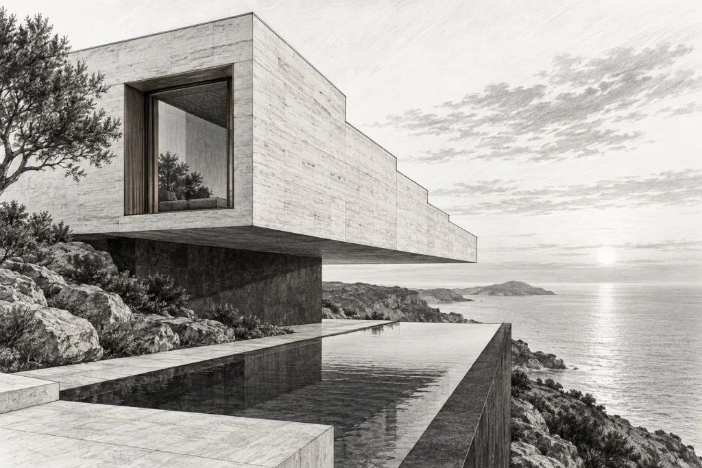 Residence with coastal cantilever house, stepped roof, reflecting pool and sea horizon.