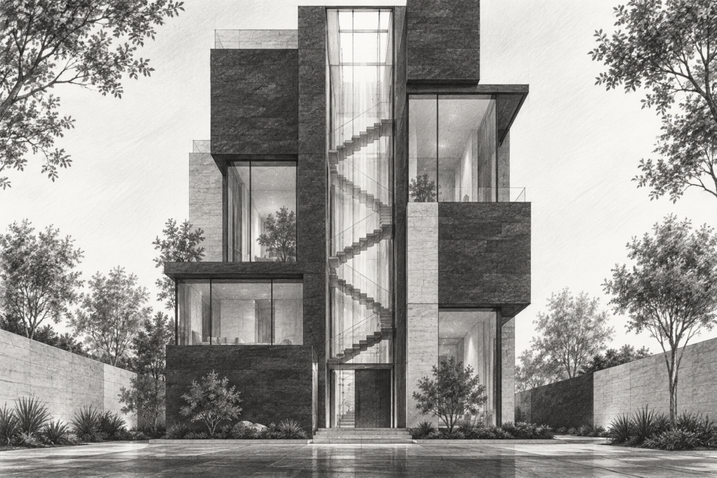 Vertical residence with a daylight shaft and suspended stair.