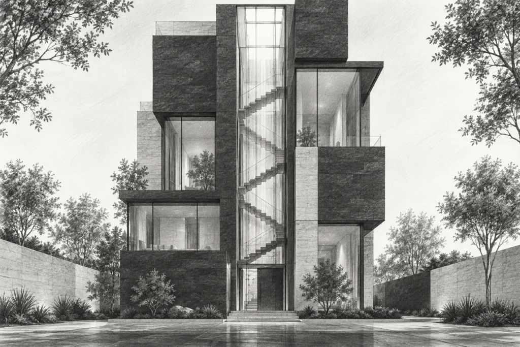 Vertical residence with a daylight shaft and suspended stair.