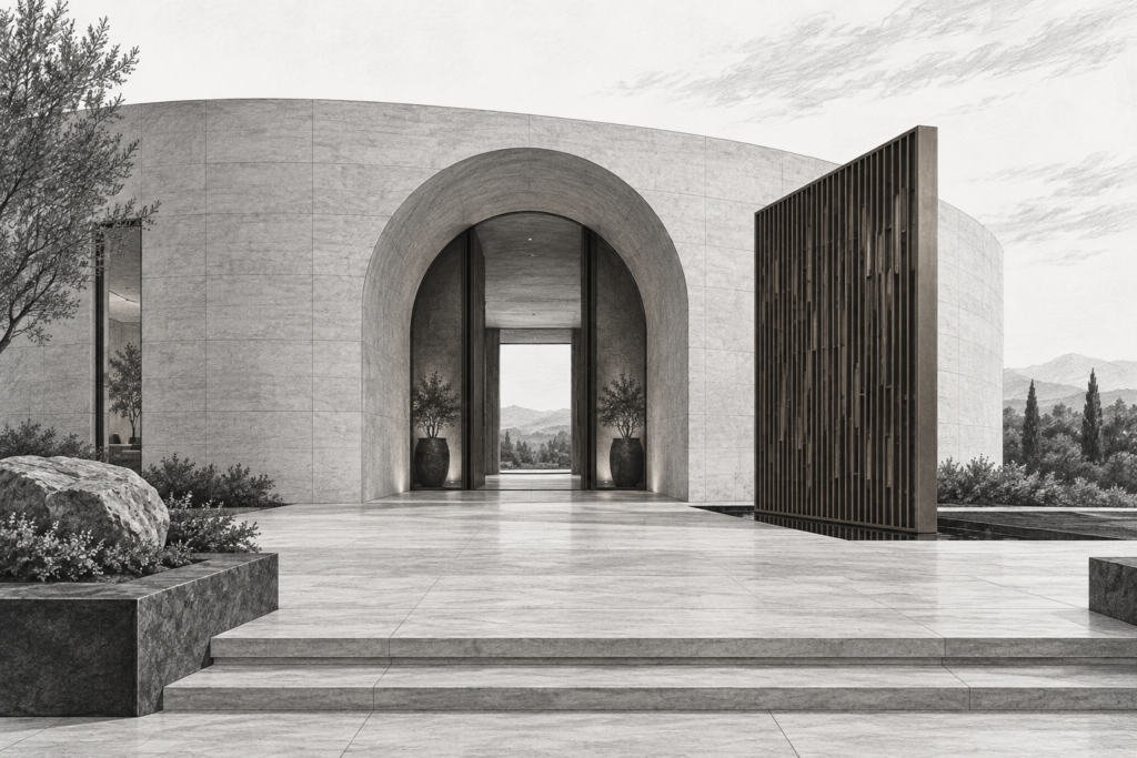 Luxury Real Estate Client Gestures That Scale Without Diluting Brand 1 Curved-shell residence with an arched entry, freestanding screen and quiet stone terrace.