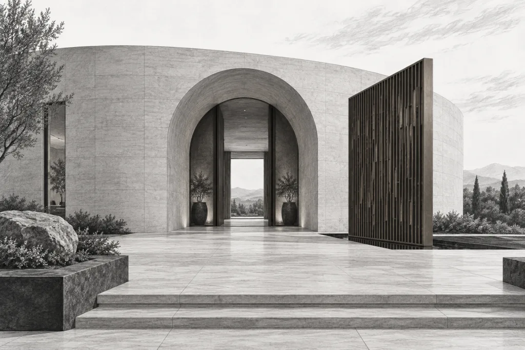 Curved-shell residence with an arched entry, freestanding screen and quiet stone terrace.