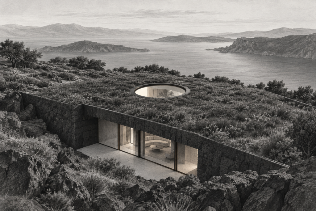 Residence with earth sheltered house, thick retaining wall, oculus skylight and roof meadow.