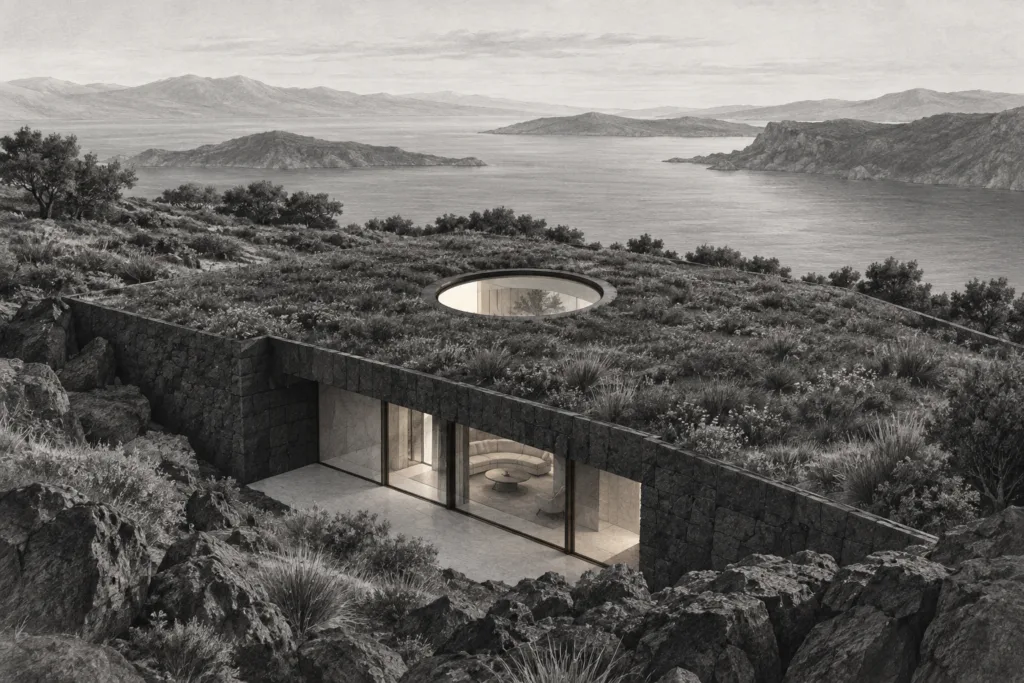 Residence with earth sheltered house, thick retaining wall, oculus skylight and roof meadow.