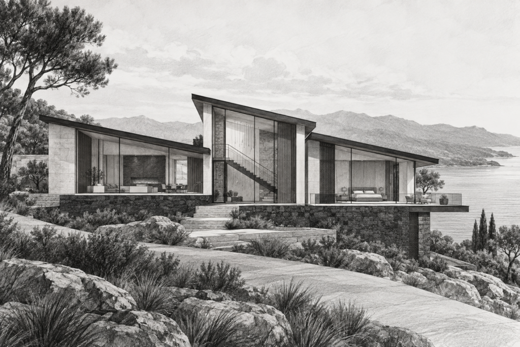 Ridge residence with three roof planes and a glazed stair hall.