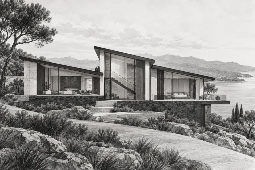 Ridge residence with three roof planes and a glazed stair hall.