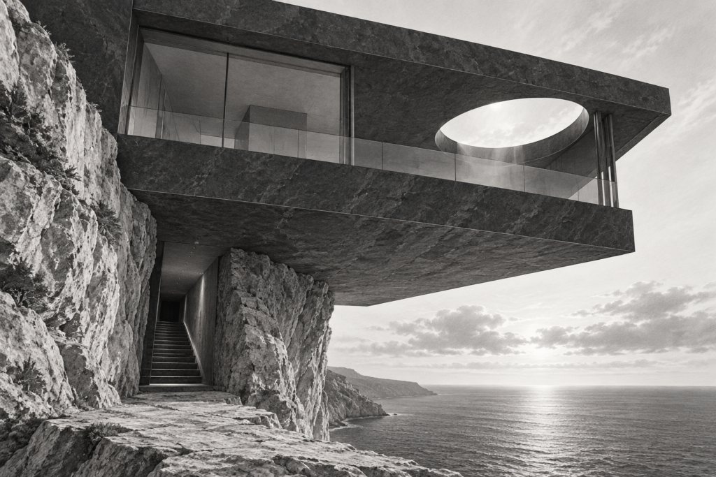 Cliff-overhang residence with a subterranean entry and circular skylight above a stone shelf.