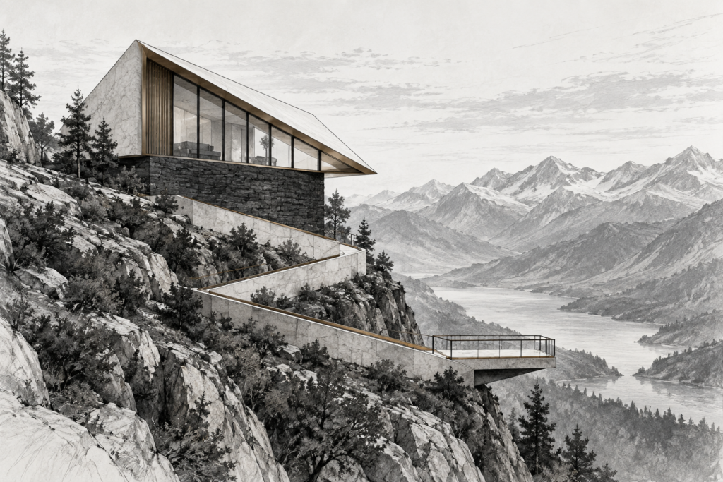 Emerging Luxury Real Estate Markets 2025: Arbitrage Playbook 1 Residence with mountain ridge house, switchback ramp, triangular roof and observation deck.