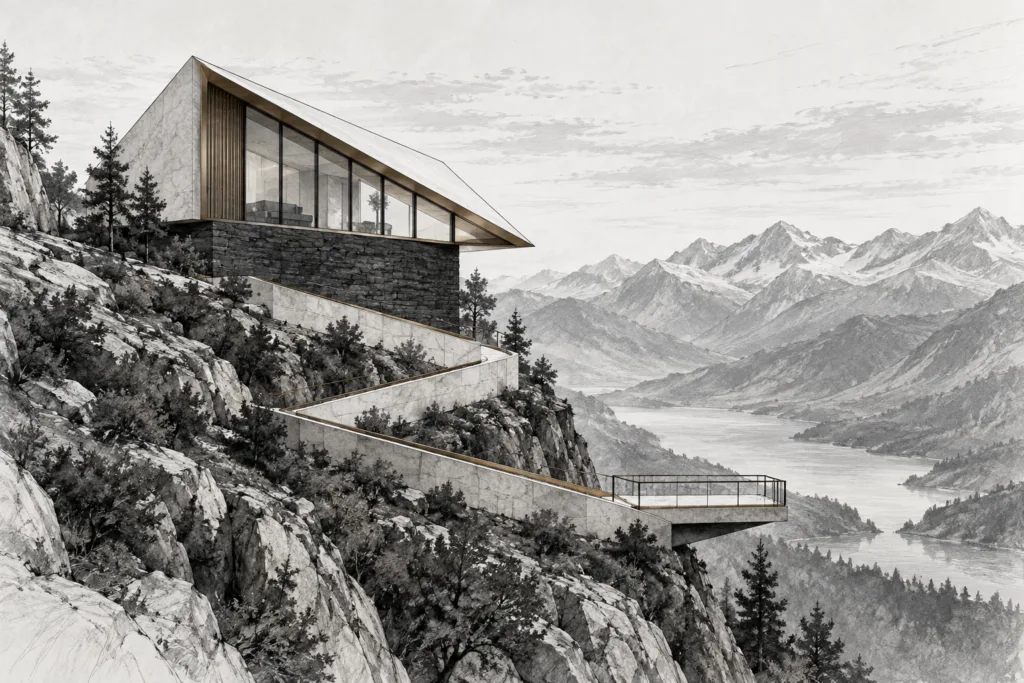 Emerging Luxury Real Estate Markets 2025: Arbitrage Playbook 1 Residence with mountain ridge house, switchback ramp, triangular roof and observation deck.