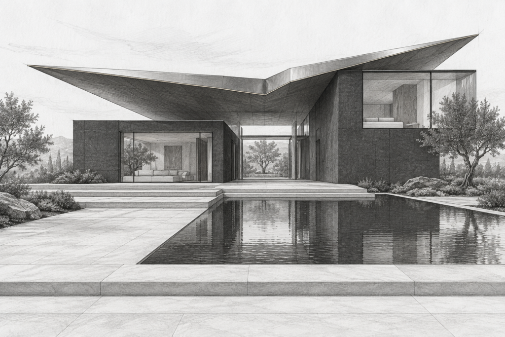 Why Top Agents Scale With Luxury Listing Management Systems 1 Residence with a folded roof, broad terrace, and reflecting basin.