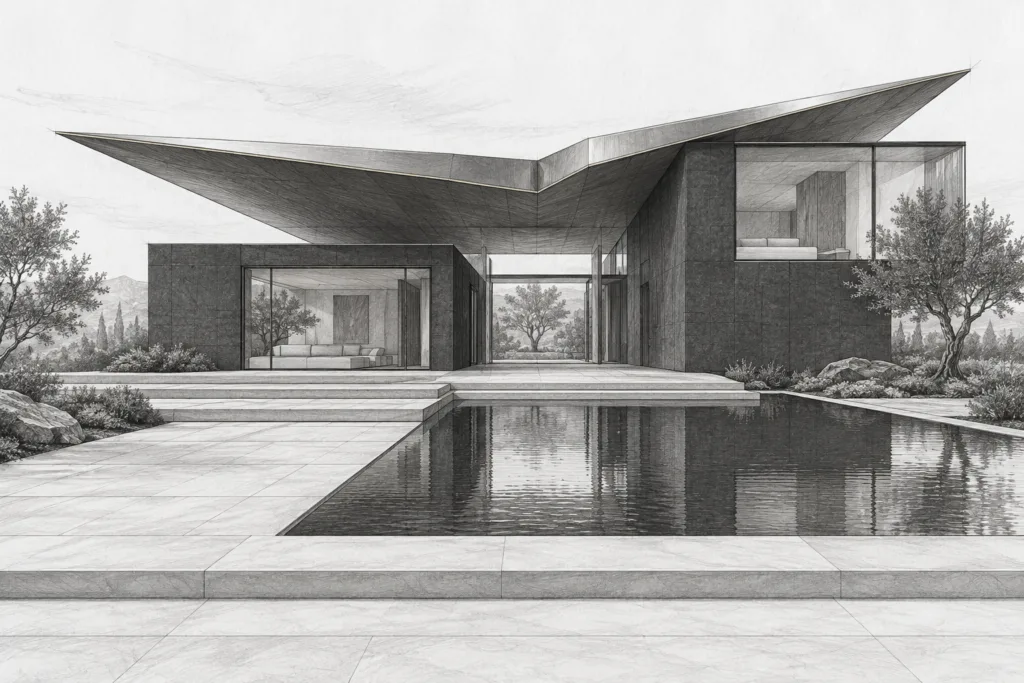 Residence with a folded roof, broad terrace, and reflecting basin.