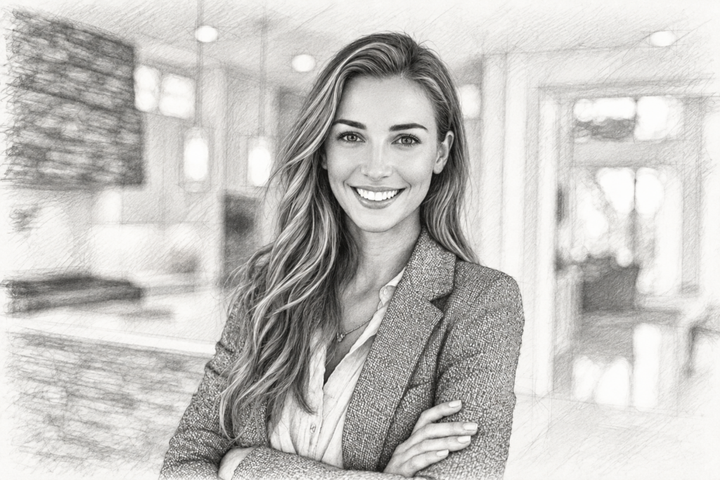 Smiling woman standing with folded arms in a bright interior.