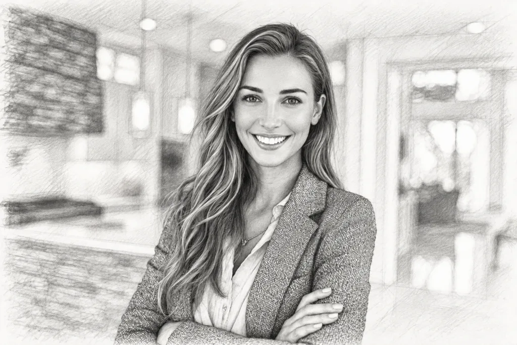 Smiling woman standing with folded arms in a bright interior.