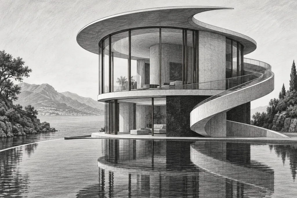 Cylindrical waterfront residence with a spiral ramp and pool edge.