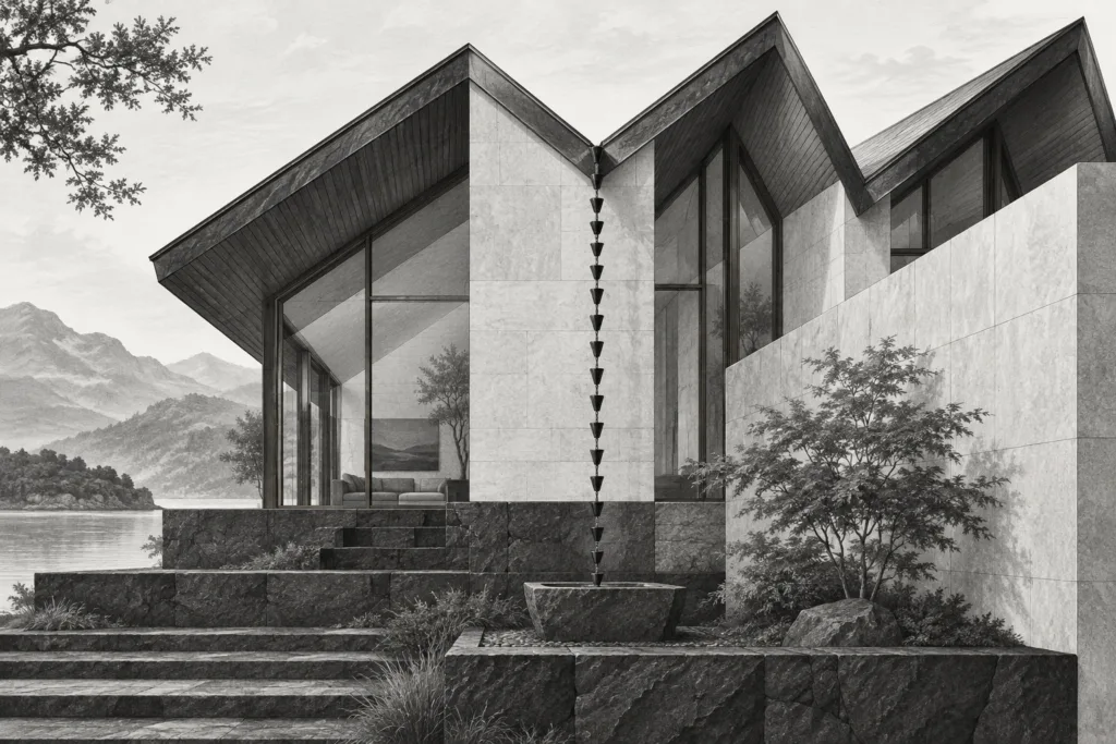 Sawtooth-roof residence with a rain chain and stone basin on a stepped base.