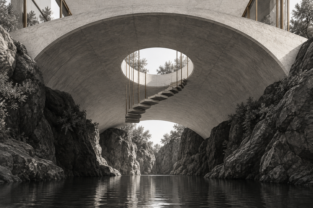 Luxury Real Estate Liquidity Strategy For 2025 Deals 1 Residence with ravine vault house, circular oculus, suspended stair and water shadow.