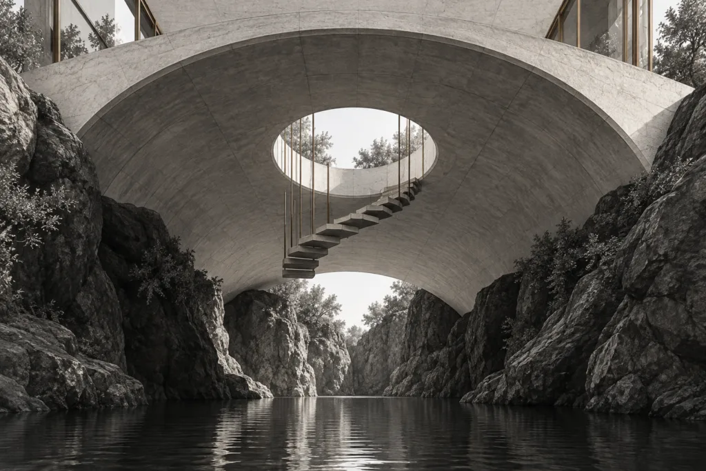 Residence with ravine vault house, circular oculus, suspended stair and water shadow.