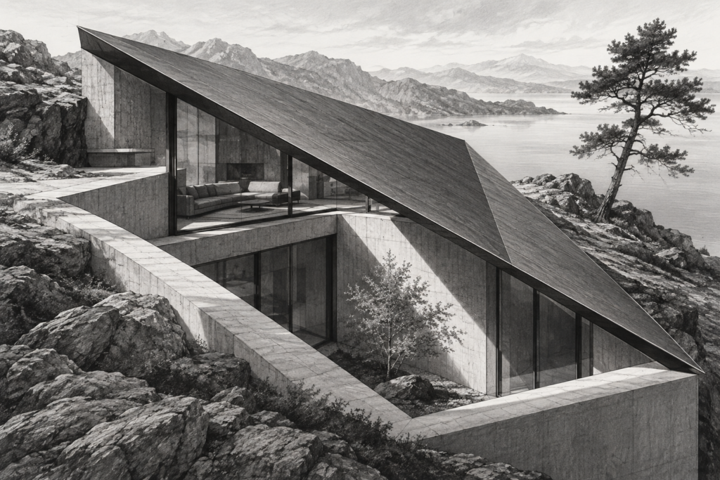 Leading Elite Real Estate Teams Through Market Volatility 1 Split-level residence with a rotating roof plane and sunken lightwell.