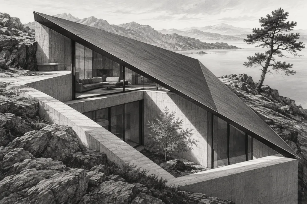 Split-level residence with a rotating roof plane and sunken lightwell.