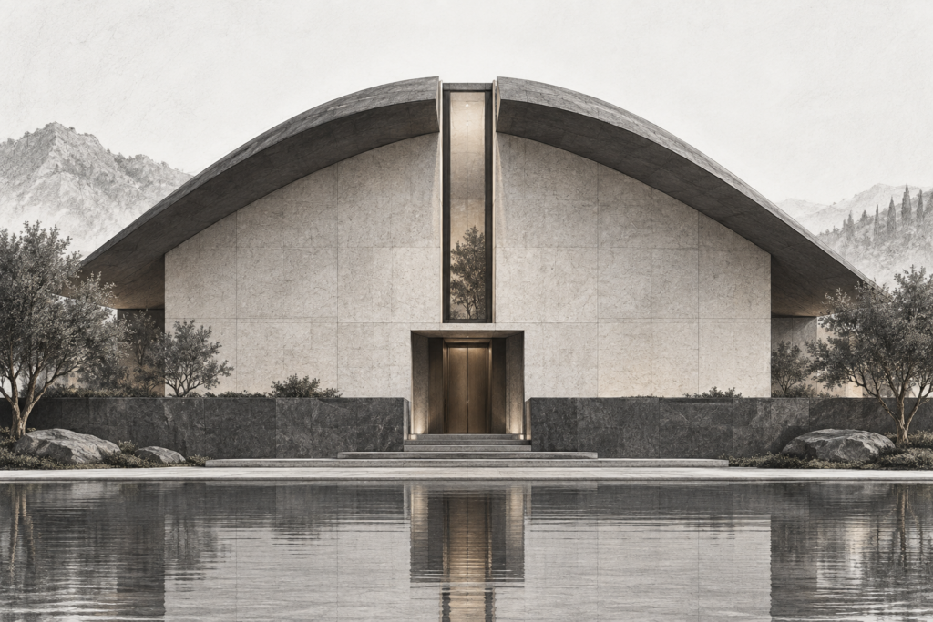 Unified Agent Brokerage Branding Framework For Brokerage Value 1 Residence with monolithic arc roof house, vertical window slot, stone plinth and single entry.