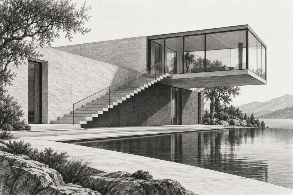 Linear stone residence with an elevated glazed volume, reflecting pool, and exterior stair.