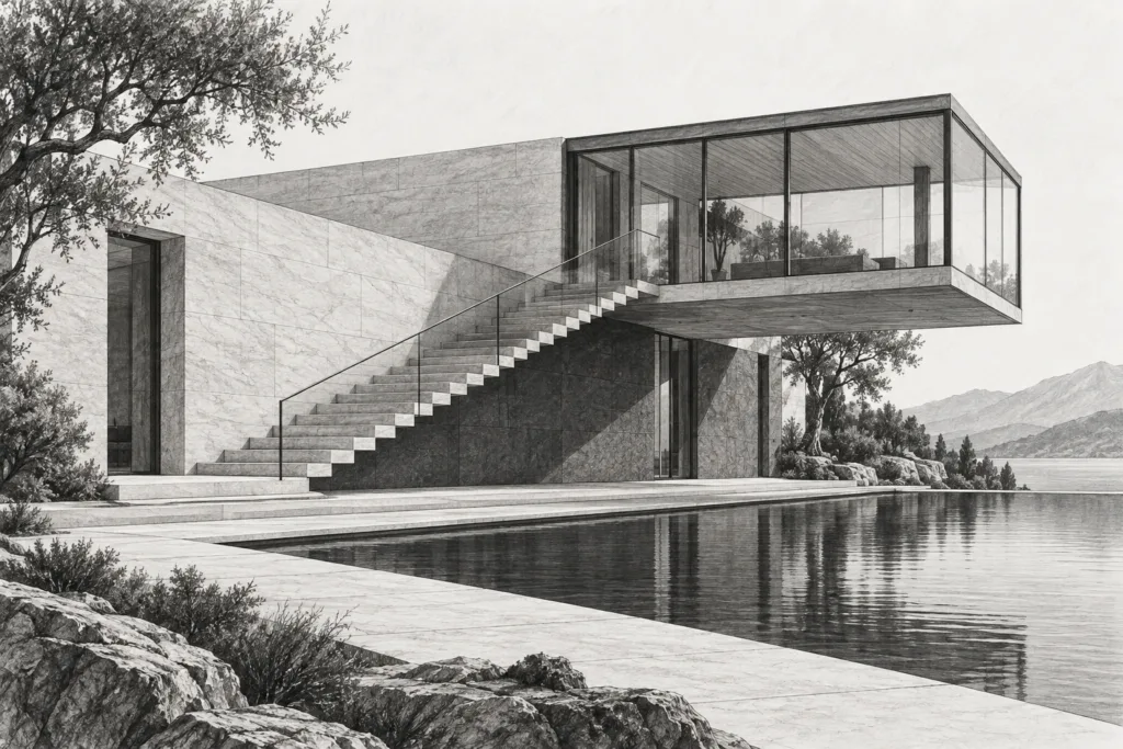 Blockchain Luxury Real Estate Transactions Cut Friction 40% 1 Linear stone residence with an elevated glazed volume, reflecting pool, and exterior stair.