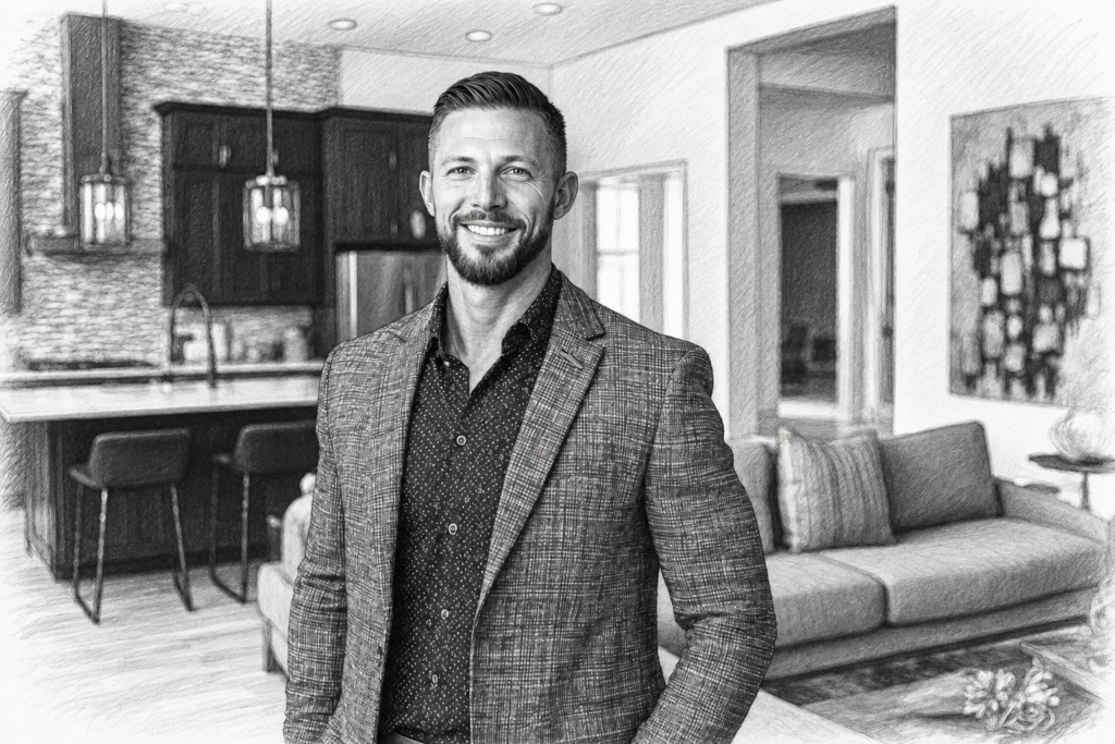 Real Estate Agent Productivity Systems Elite Operators Use 1 Smiling man in a checked jacket standing in a modern kitchen and living interior.