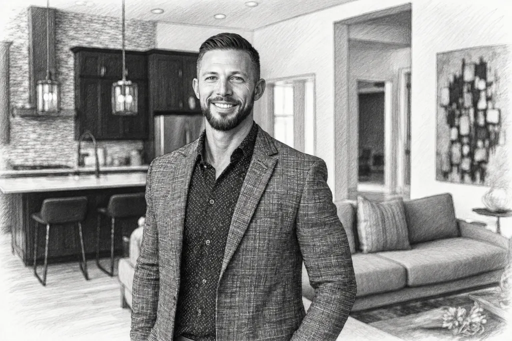 Smiling man in a checked jacket standing in a modern kitchen and living interior.