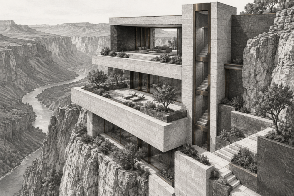 Residence with high canyon house, stacked terraces, vertical stair tower and deep loggia.