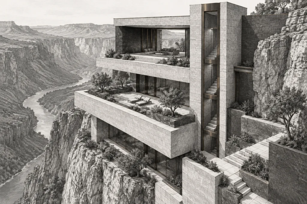 Why Standard Hiring Fails: Luxury Real Estate Agent Recruitment Strategies 1 Residence with high canyon house, stacked terraces, vertical stair tower and deep loggia.