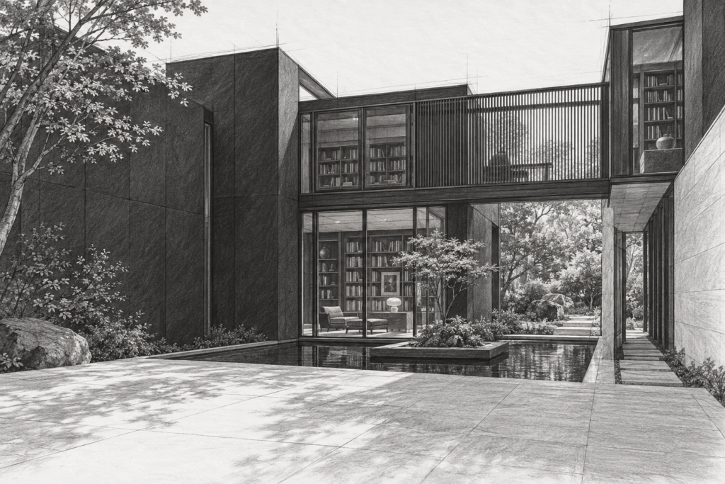 Luxury Real Estate Client Data Strategies: The 20% Rule 1 Residence with a library court, screened bridge, and archive room.