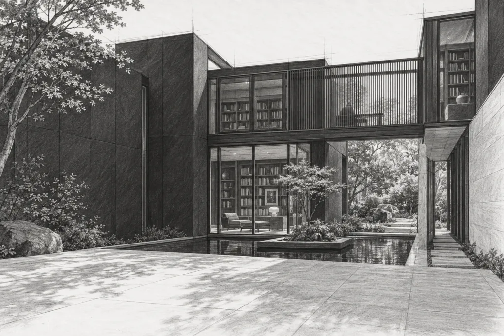Residence with a library court, screened bridge, and archive room.