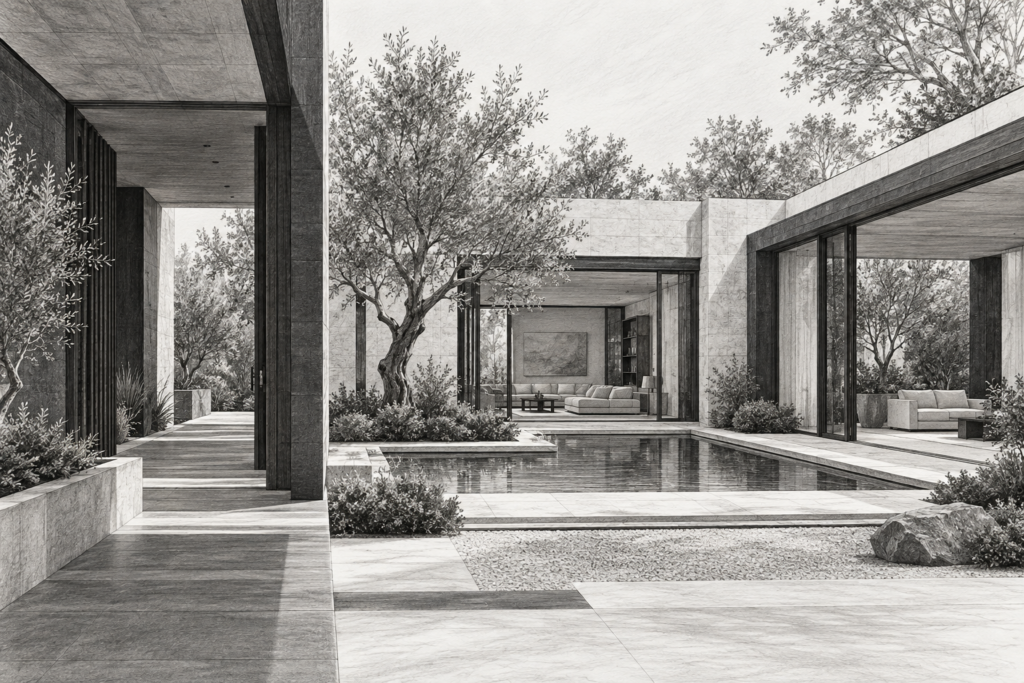 Private residence with an arrival sequence opening into a courtyard, family room and garden room.