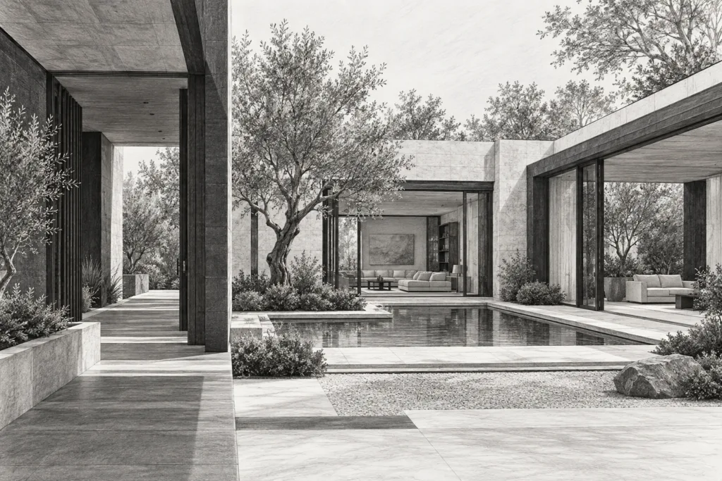 Private residence with an arrival sequence opening into a courtyard, family room and garden room.