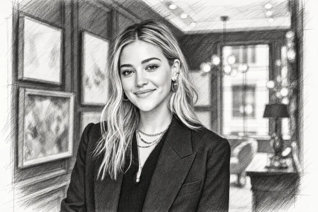 Smiling woman standing in a bright interior.