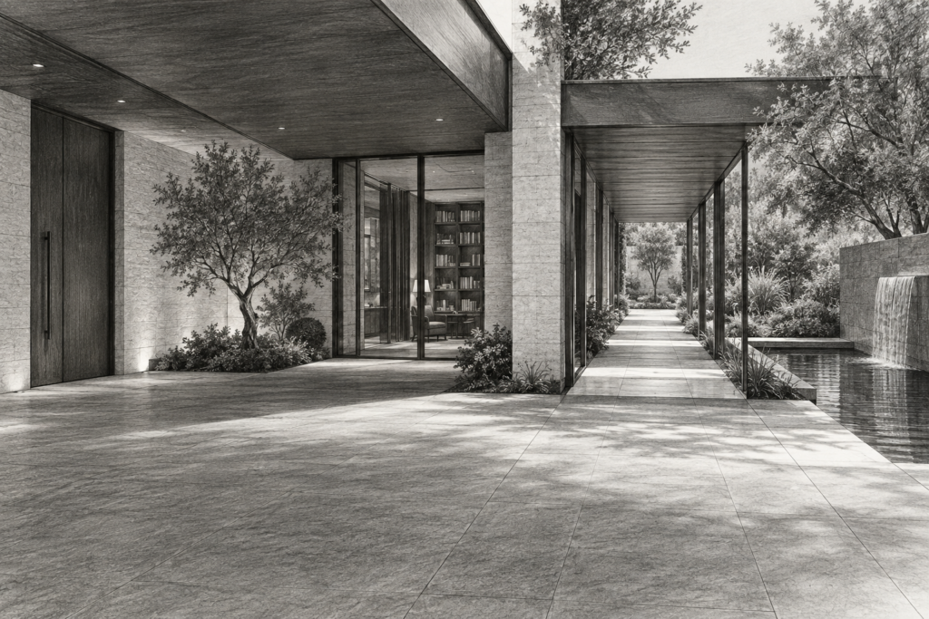 Luxury Real Estate Closing Experience: Stop Gift-Only Closings 1 Residence with an arrival court, library threshold, and covered garden walk.